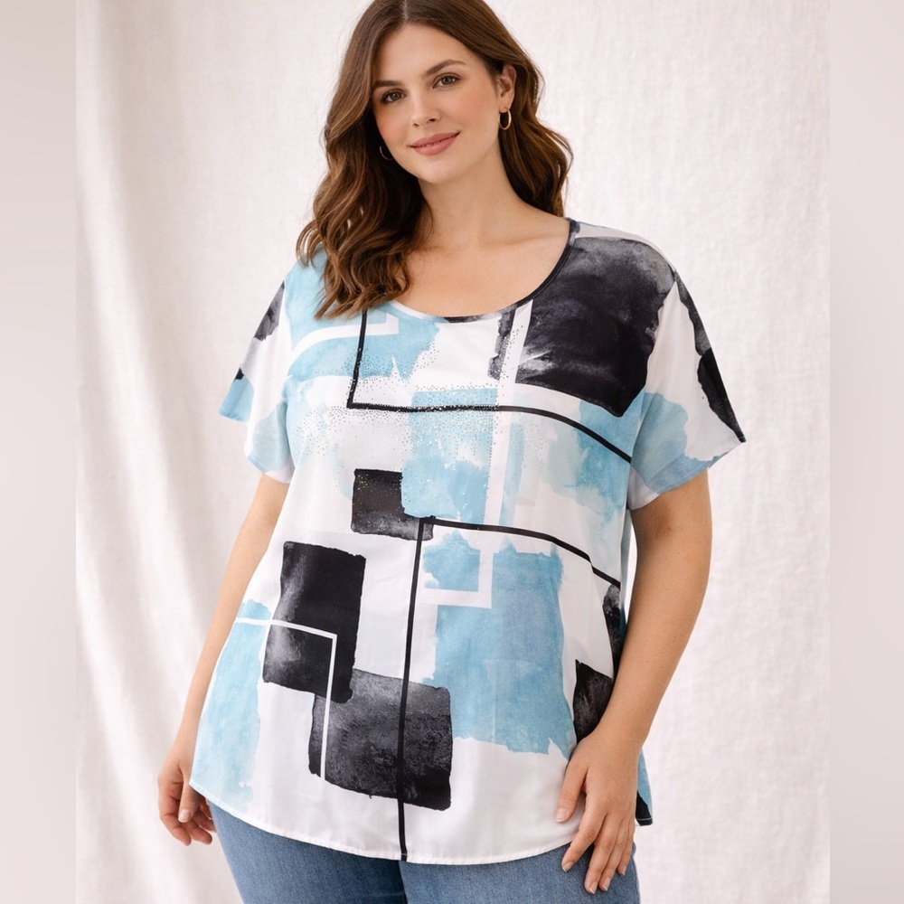Avenue Abstract Print Rhinestone Blouse 22/24 | Blue Black Plus Size Top